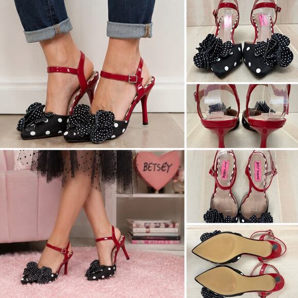 Betsey Johnson Shoes - Betsey Johnson Neena Polka Dot Floral Ankle Strap Heels Sz 6.5 Pinup Rockabilly